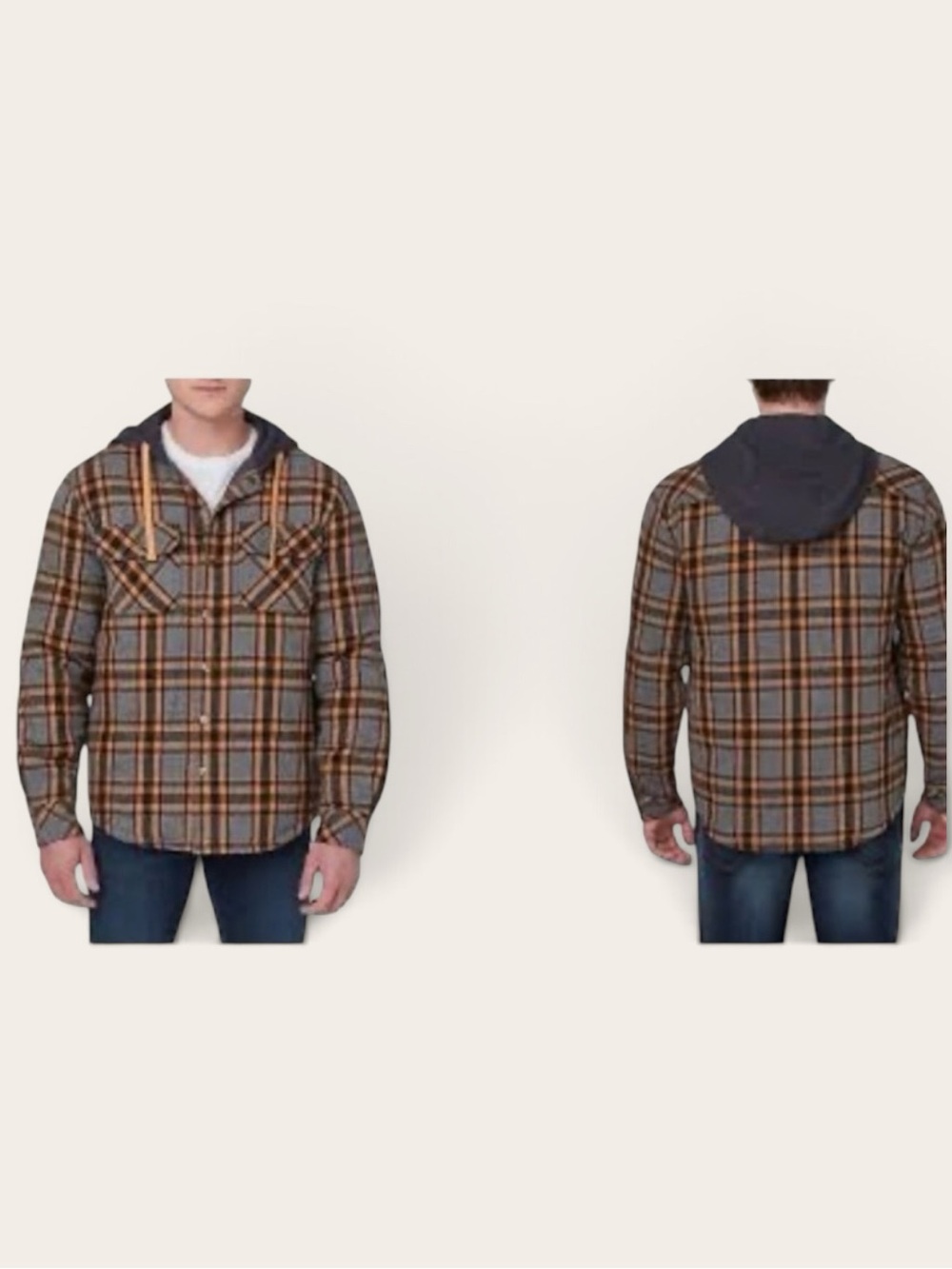 Legendary Outfitters Flannel Hooded Shirt Jacket grey orange Fall plaid Shacket